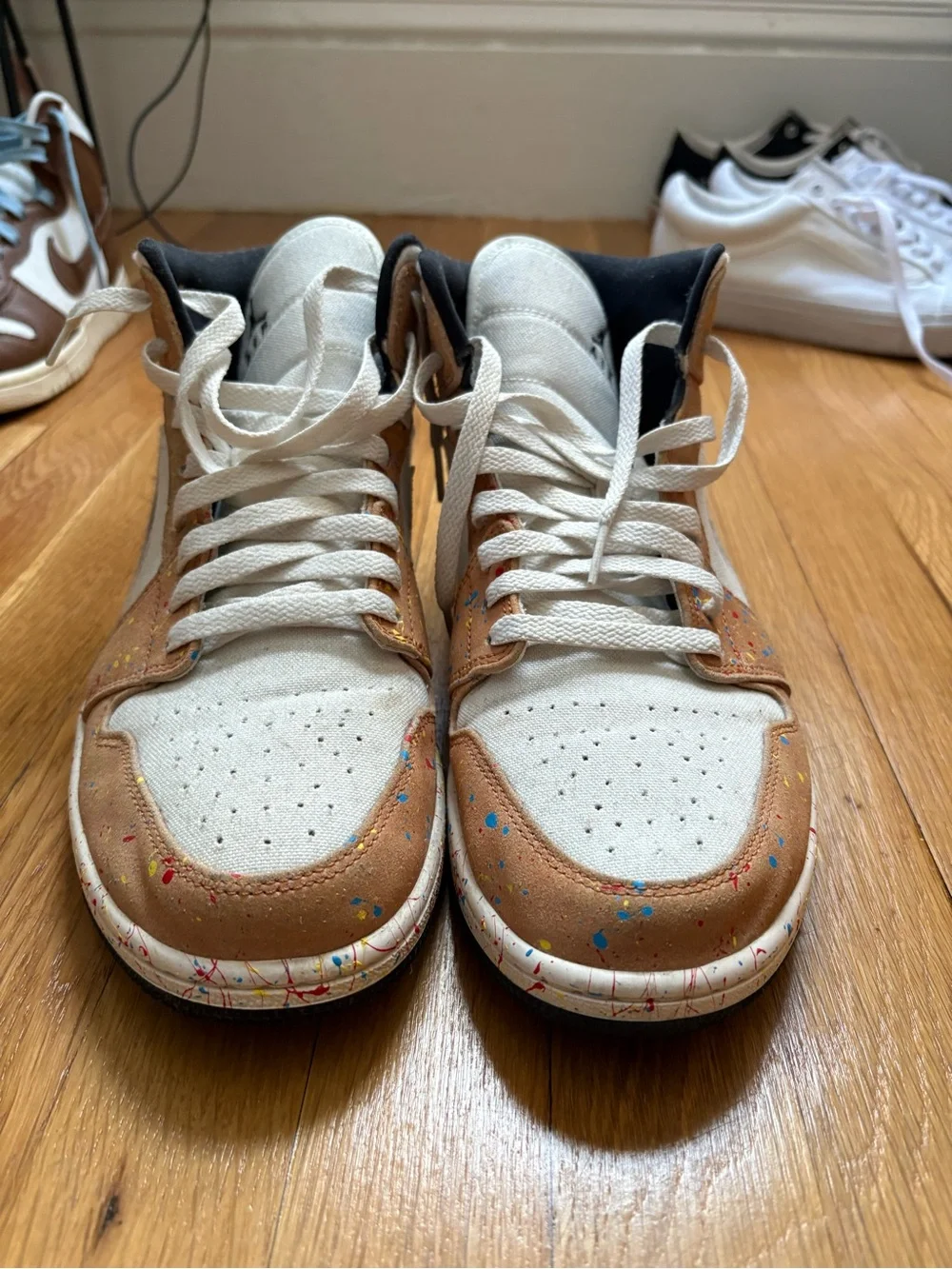 Nike Air Jordan 1 Mid White & Tan with Paint-Splatter Accents